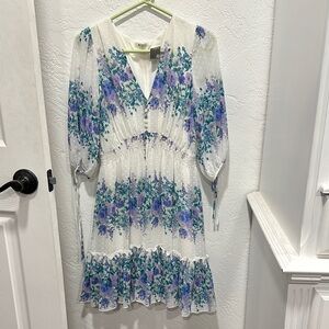 Taylor Multicolored Midi Bishop Sleeve V-Neck Sundress